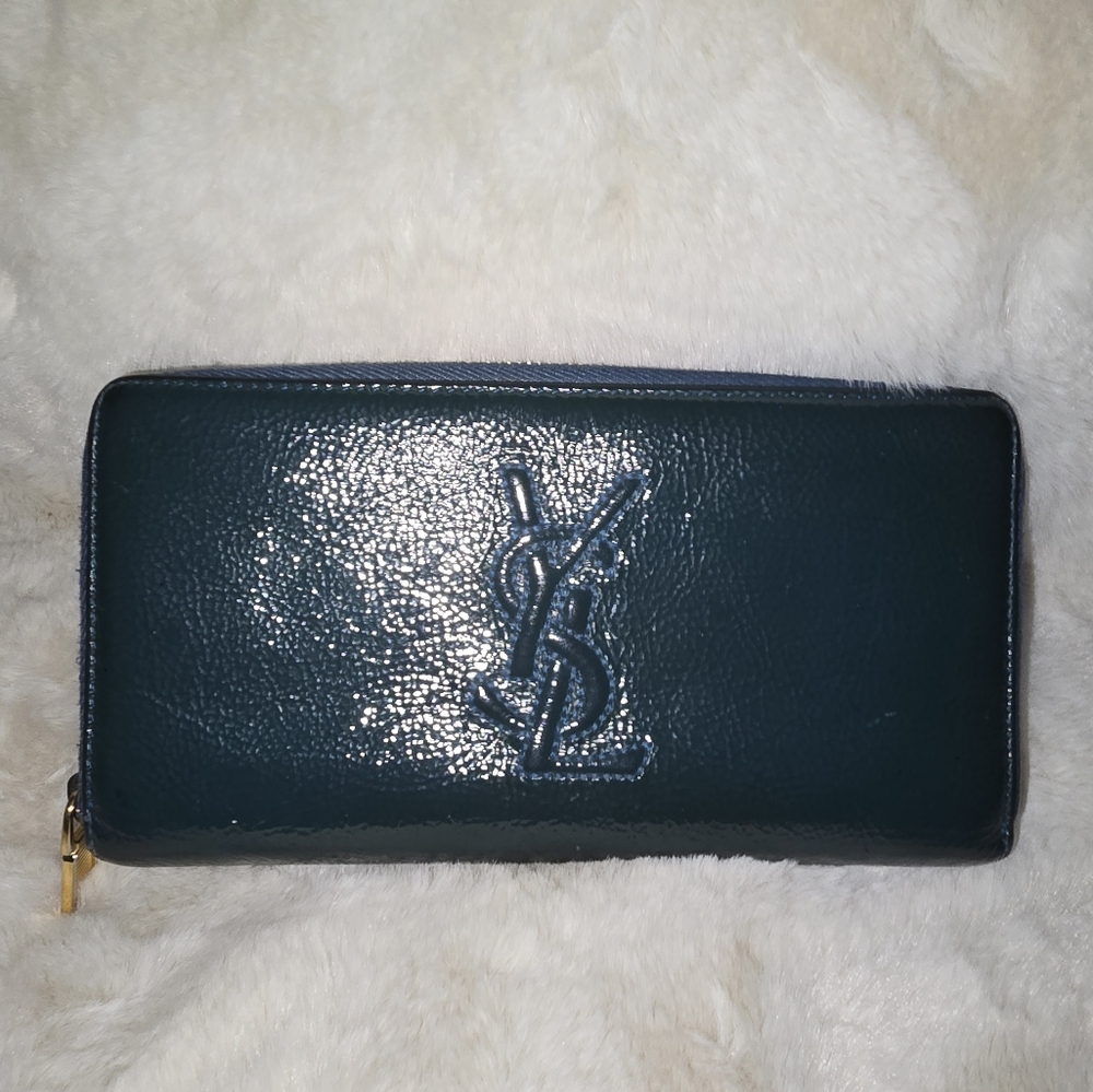 YVES SAINT LAURENT Blue Patent Leather Belle De Jour Zip Around Wallet